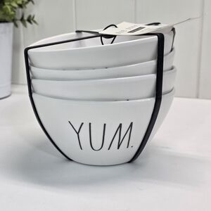 Set of four Rae Dunn "YUM" Melamine White Cereal/Soup bowls Black Font NEW